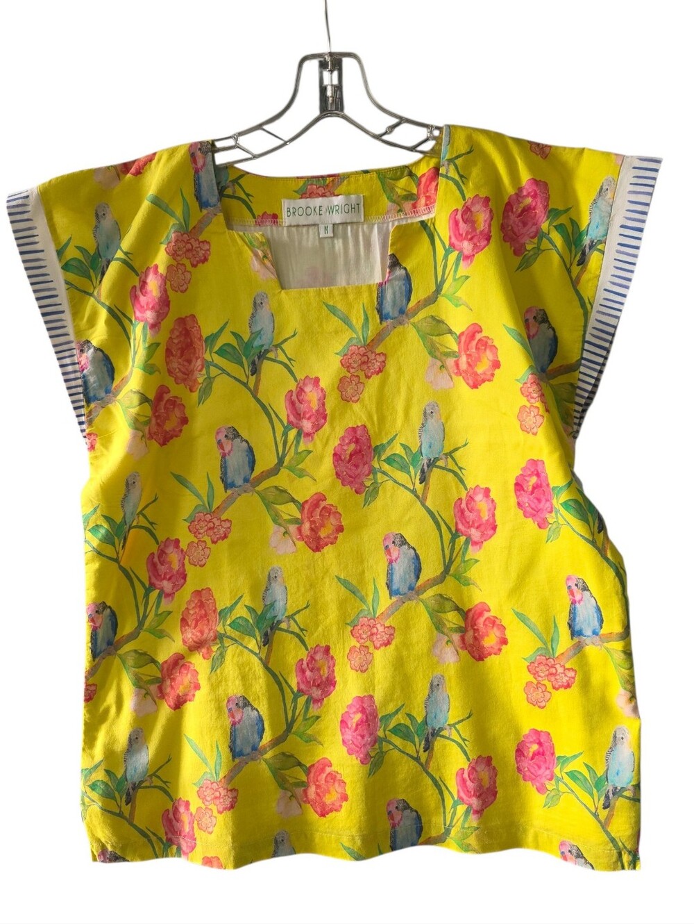 Brooke Wright Yellow Floral & Parrot Print Tunic Top Size Medium